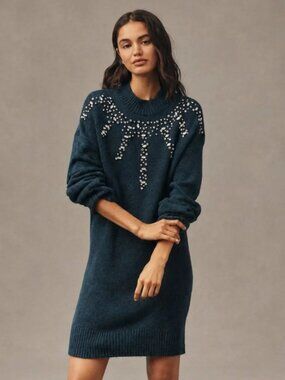 Anthropologie Long-Sleeve Embellished Sweater Mini Dress, Petrol, Petite XS